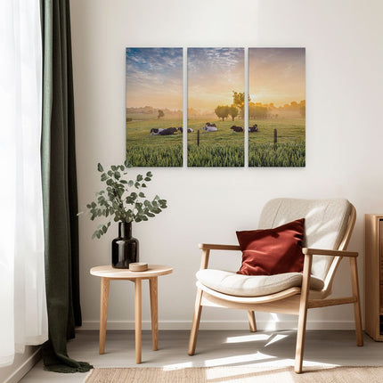 Drieluik schilderij interieur Koeien In De Wei Tijdens Zonsopgang