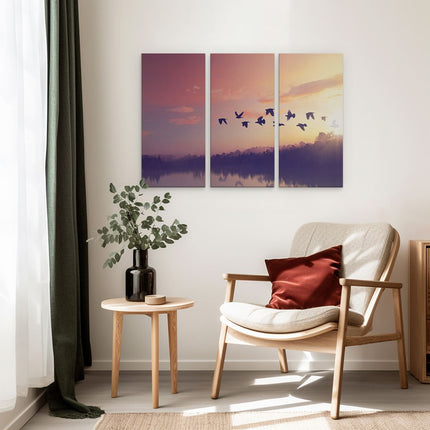 Drieluik schilderij interieur Silhouet Vogels Tijdens Zonsondergang