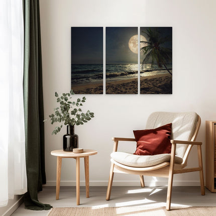 Drieluik schilderij interieur Tropisch Strand In De Nacht Met Volle Maan