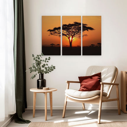 Drieluik schilderij interieur Zonsondergang Achter Een Savanne Boom