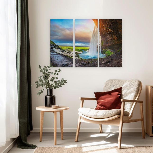 Drieluik schilderij interieur Waterval Van Een Klif Bij Zonsondergang