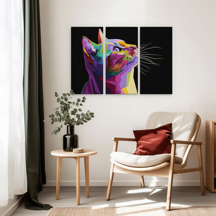 Drieluik schilderij interieur Kleurrijke Kat Kijkt Naar Boven - Abstract