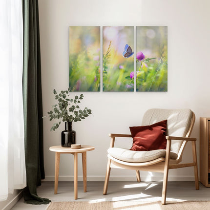 Drieluik schilderij interieur Blauwe Vlinder Bij Een Paarse Bloem