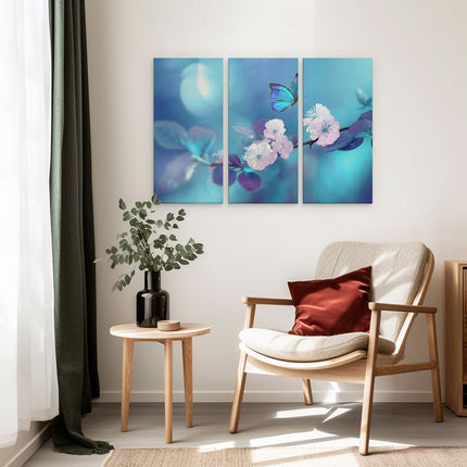 Drieluik schilderij interieur Blauwe Vlinder Bij Een Roze Bloem 