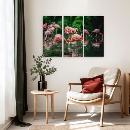 Drieluik schilderij interieur Kudde Flamingo's in de Jungle in het Water