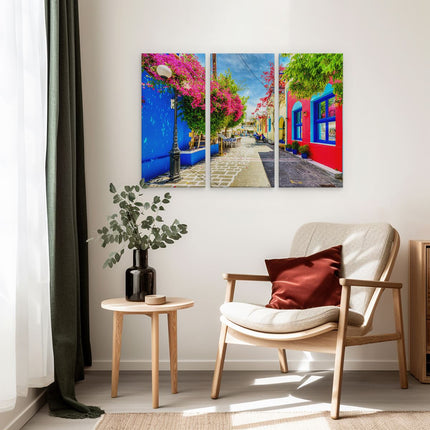 Drieluik schilderij interieur Kleurrijke Straat op het Eiland Kos, Griekenland