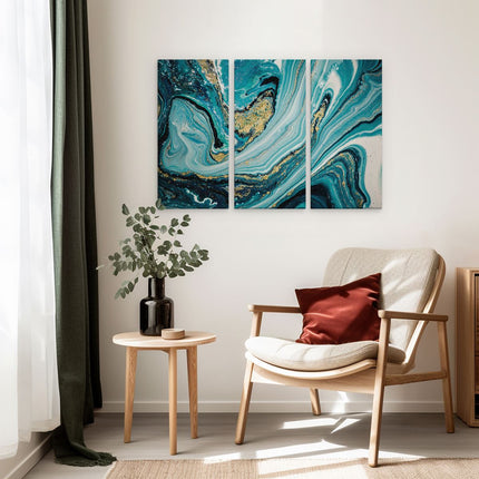 Drieluik schilderij interieur Abstracte Luxe Kunst in het Blauw met Goud