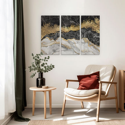 Drieluik schilderij interieur Abstracte Kunst - Zwart met Witte Marmer