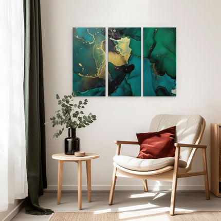 Drieluik schilderij interieur Abstracte Kunst - Groen met Goud