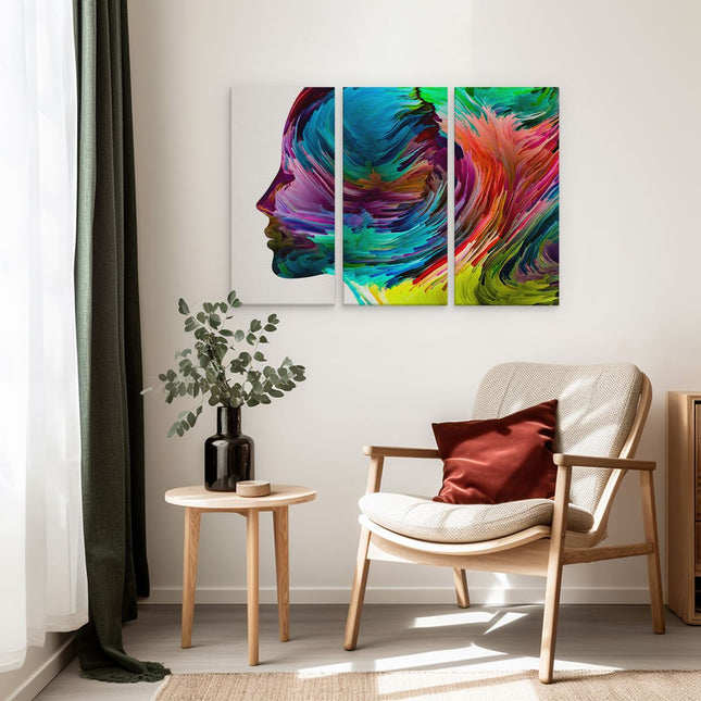 Drieluik schilderij interieur Abstracte Kunst van een Gezicht - Hoofd