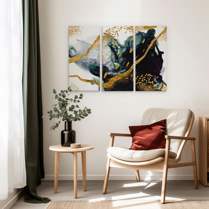 Drieluik schilderij interieur Abstracte Kunst - Zwart Wit met Gouden Strepen