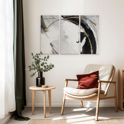 Drieluik schilderij interieur Abstracte Kunst - Wit met Zwart en Goud