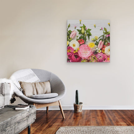 Canvas schilderij kamer Bloemen Op Een Witte Houten Achtergrond