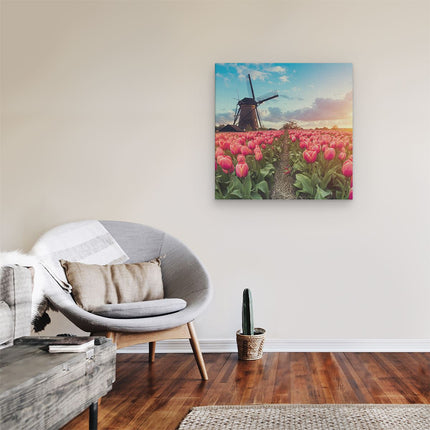 Canvas schilderij kamer Roze Tulpen Bloemenveld - Met Windmolen