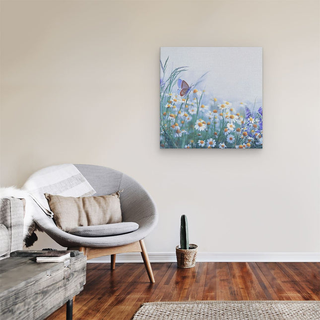 Canvas schilderij kamer Witte Kamille Bloemen Met Een Vlinder