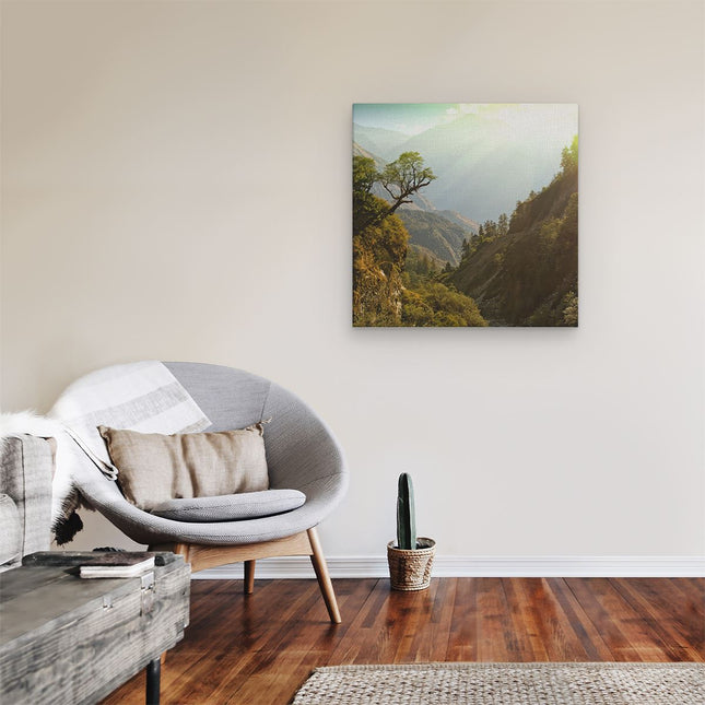 Canvas schilderij kamer Bos In De Bergen Met Zonneschijn - Kleur
