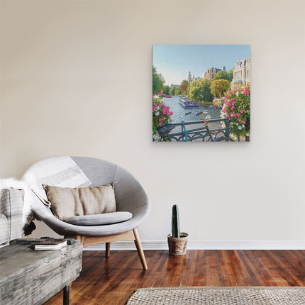 Canvas schilderij kamer Amsterdamse Kanaal Met Bloemen