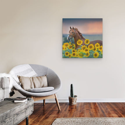 Canvas schilderij kamer Bruin Paard Tussen De Zonnebloemen