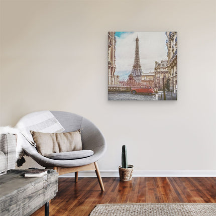 Canvas schilderij kamer Eiffeltoren In Parijs Met Een Rode Kever Auto