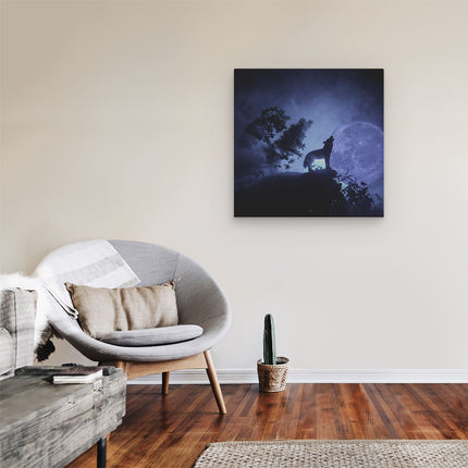 Canvas schilderij kamer Huilende Wolf In Silhouet Bij Volle Maan