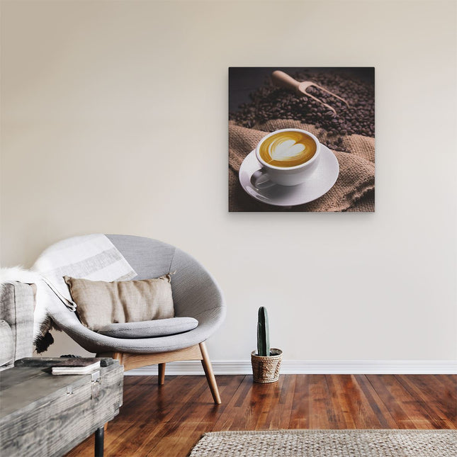 Canvas schilderij kamer Kopje Koffie In Een Hartje Met Koffiebonen