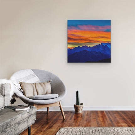 Canvas schilderij kamer Oranje Zonsondergang In De Bergen