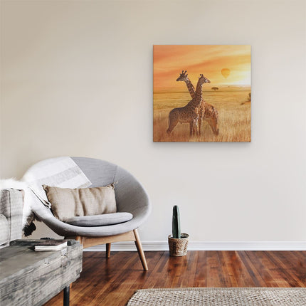 Canvas schilderij kamer Twee Giraffen Met Twee Oranje Luchtballonnen