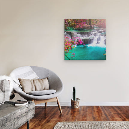 Canvas schilderij kamer Waterval In De Herfst Met Kleurrijke Bloemen