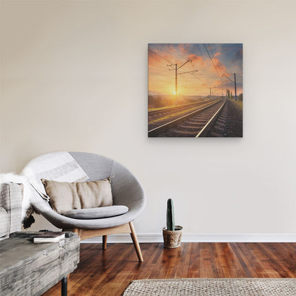 Canvas schilderij kamer Rails Spoorweg Bij Zonsondergang