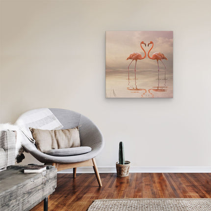 Canvas schilderij kamer Twee Flamingo's in een Hartjes Vorm 