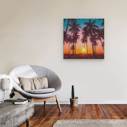 Canvas schilderij kamer Palmbomen op het Strand bij Zonsondergang