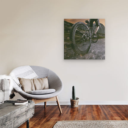 Canvas schilderij kamer Moutainbike Fietser in de Bergen