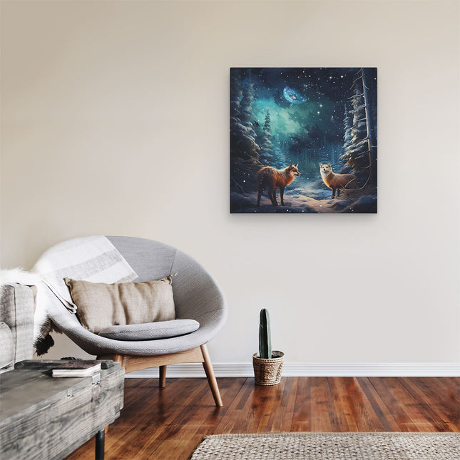 Canvas schilderij kamer Wolven in het Bos bij de Winternacht