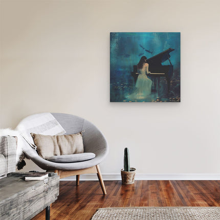 Canvas schilderij kamer Vrouw die Piano speelt onder Water