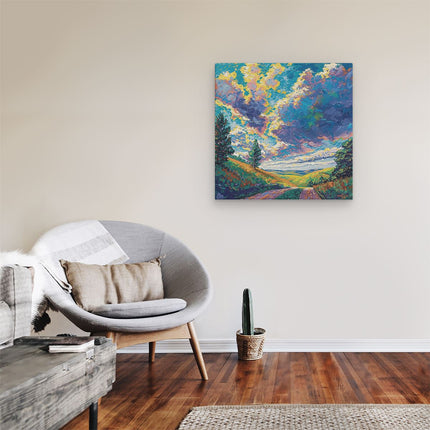 Canvas schilderij kamer Kleurrijk Kunstwerk van een Onverharde Weg onder een Bewolkte Hemel