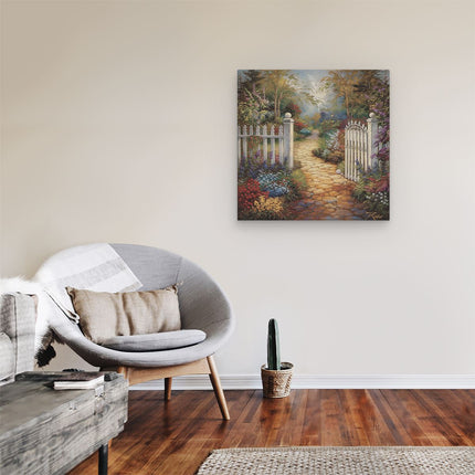Canvas schilderij kamer Kunstwerk van een Witte Poort in een Tuin