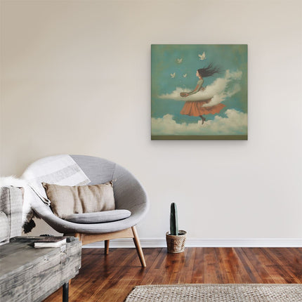Canvas schilderij kamer Meisje in een Oranje Jurk die in de Wolken Vliegt