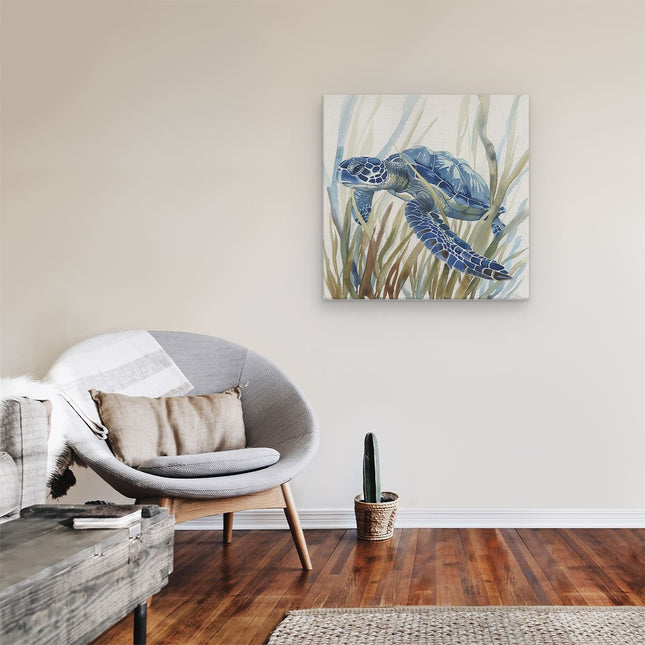 Canvas schilderij kamer Blauwe Zeeschildpad die in Hoog Gras Zwemt