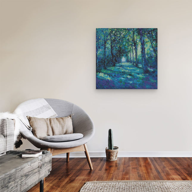 Canvas schilderij kamer Kunstwerk van een Blauw Pad in het Bos