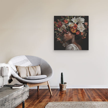 Canvas schilderij kamer Zwarte Vrouw met Bloemen op haar Hoofd