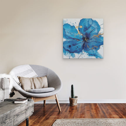 Canvas schilderij kamer Blauwe Bloem met Gouden Spetters