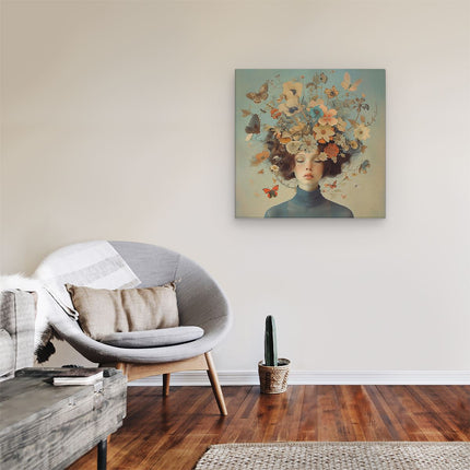 Canvas schilderij kamer Vrouw met Bloemen op haar Hoofd