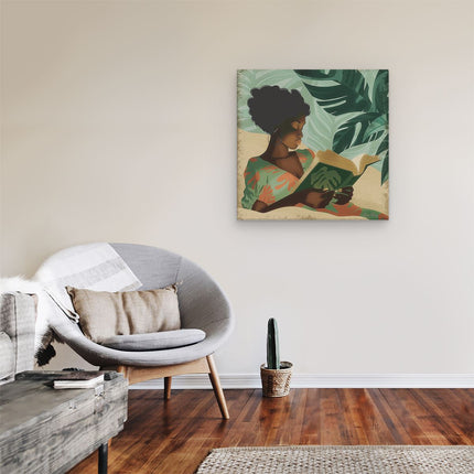 Canvas schilderij kamer Zwarte Vrouw die een Boek in het Zand Leest