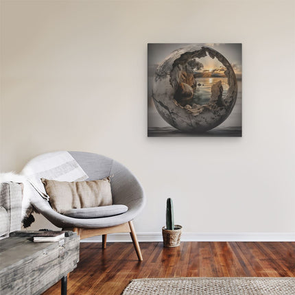 Canvas schilderij kamer Bol met Rotsen en een Zonsondergang