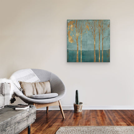 Canvas schilderij kamer Drie Bomen in een Blauw en Goud Kunstwerk
