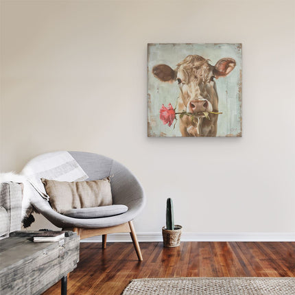 Canvas schilderij kamer Koe met een Roos in haar Bek