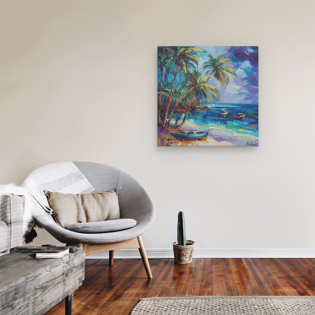 Canvas schilderij kamer Kunstwerk van een Strand met Boten en Palmbomen