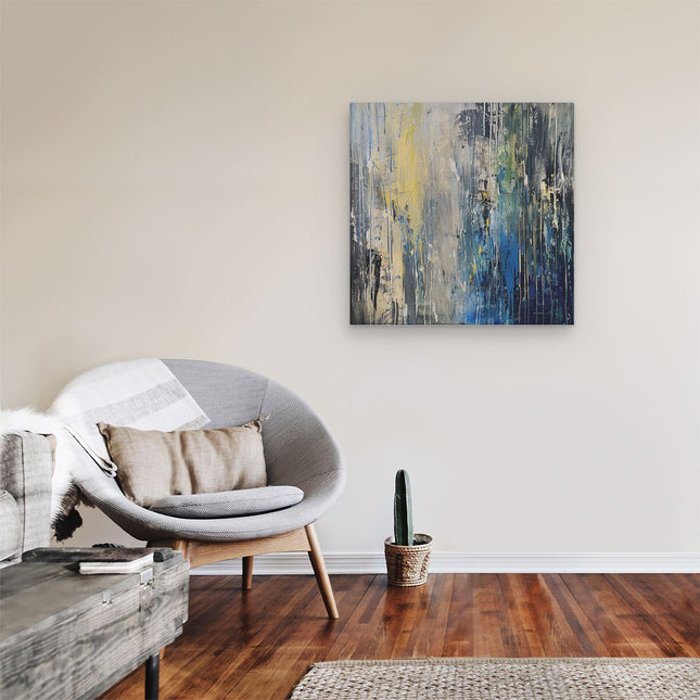 Canvas schilderij kamer Abstract Kunstwerk met Blauwe, Gele en Zwarte Druppels