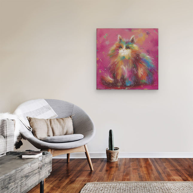 Canvas schilderij kamer Kleurrijke Kat, Zittend op een Roze Achtergrond