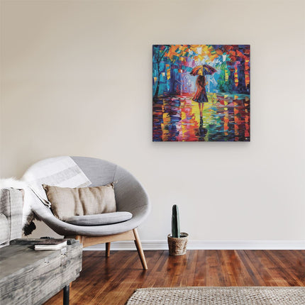 Canvas schilderij kamer Vrouw die in de Regen loopt met een Paraplu